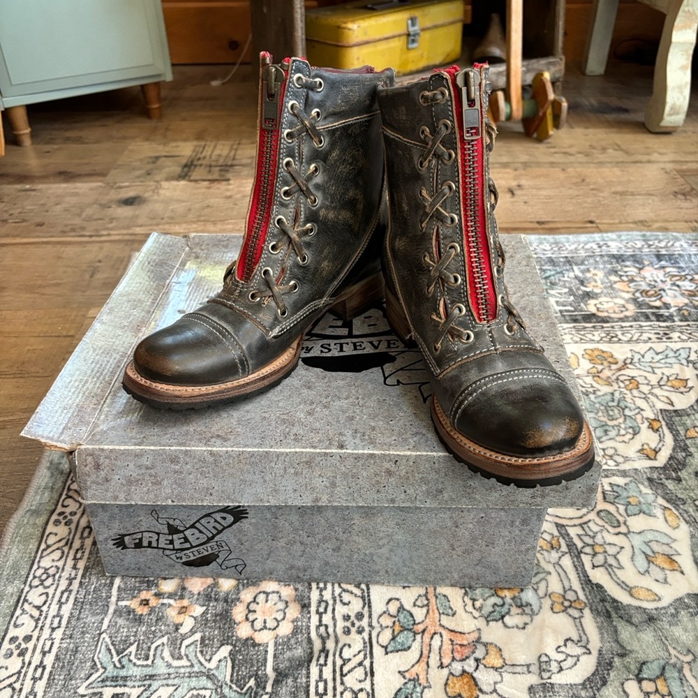 Freebird by Steven Distressed Brown Boots with Red Accents
